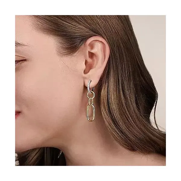 14K White and Yellow Gold Diamond Hollow Tube Huggie Drop Earrings Image 2 Texas Gold Connection Greenville, TX