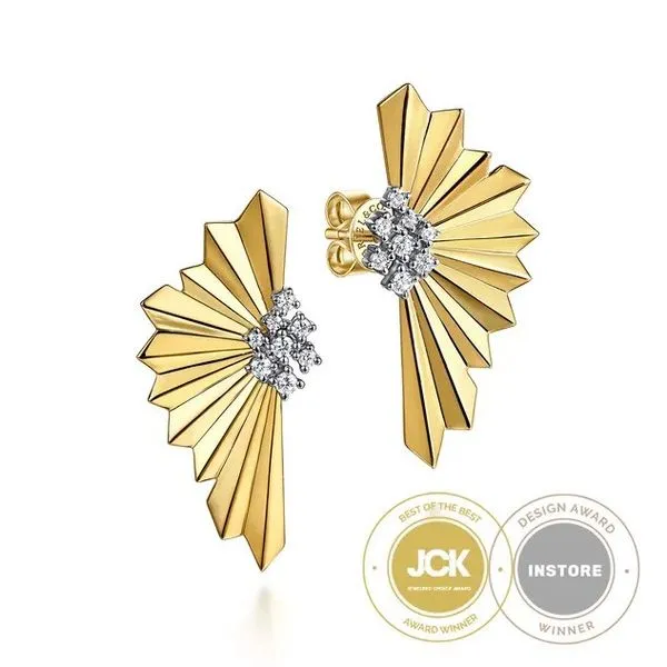 14K White Yellow Gold Radiant Fan Diamond Cut and Cluster Diamond Stud Earrings Texas Gold Connection greenville, TX