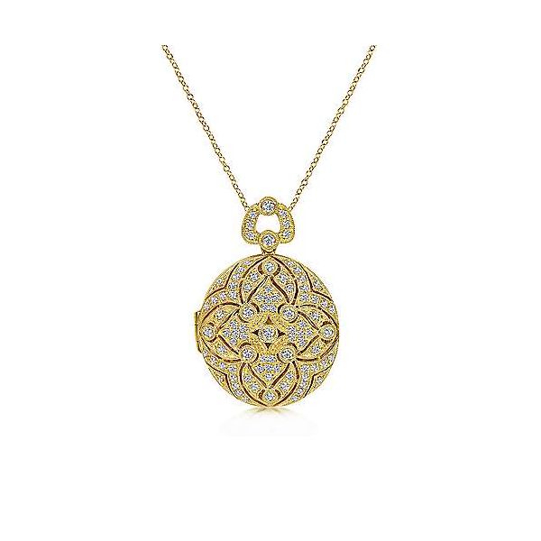 24 inch Vintage Inspired 14K Yellow Gold Round Filigree Diamond Locket Necklace Texas Gold Connection Greenville, TX
