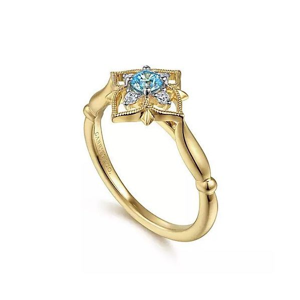 Gabriel Fashion 14K Yellow Gold Swiss Blue Topaz and Diamond Floral Ring Image 3 Texas Gold Connection Greenville, TX
