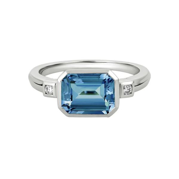 14K White Gold 3 Stone Ring With 2.09Ct Emerald Cut Blue Topaz And 0.05Tw Diamonds Texas Gold Connection greenville, TX