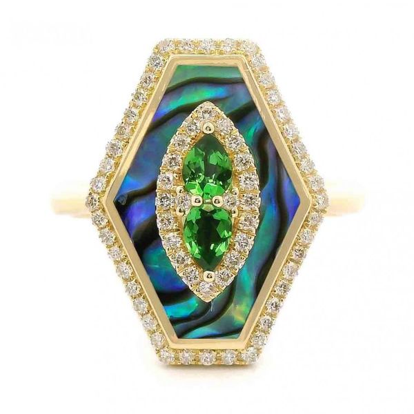 14K Yellow Gold Abalone Shell Ring with 0.35Ct Tsavorite and a 0.25Tw Diamond Halo Texas Gold Connection greenville, TX