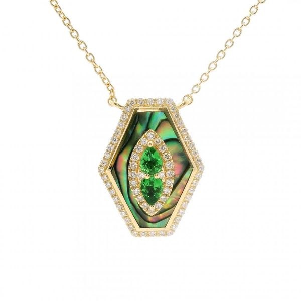 14K Yellow Gold Abalone Shell Necklace with 0.35Ct Tsavorite and 0.25Tw Diamond Halo with Adjustable Chain Texas Gold Connection greenville, TX