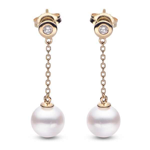 Lady's Yellow 14K  Pearl Drop 8-8.5MM Earrings With 0.10Tw Round Diamonds Texas Gold Connection Greenville, TX
