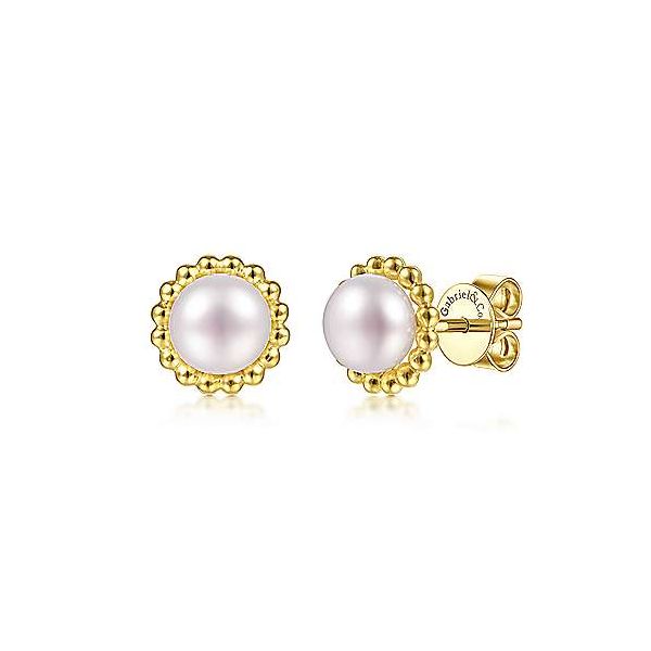 14K Yellow Gold Pearl with Beaded Frame Stud Earrings Texas Gold Connection Greenville, TX
