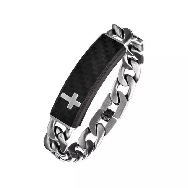 INOX Jewelry Carbon Fiber Black with Cross & Steel Adjustable Link ID Bracelet Image 2 Texas Gold Connection greenville, TX