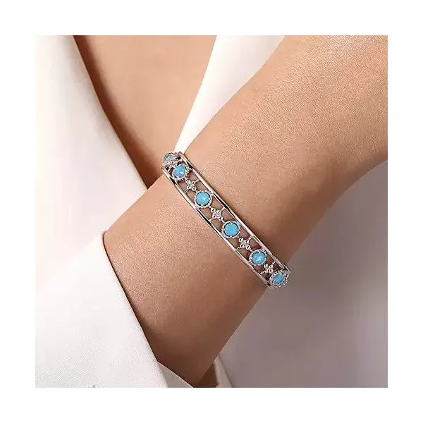 Sterling Silver Rock Crystal and Turquoise Station Bangle Image 3 Texas Gold Connection Greenville, TX