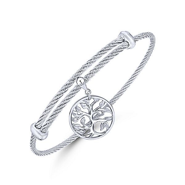 Adjustable Twisted Cable Stainless Steel Bangle with Sterling Silver Tree of Life Charm Image 2 Texas Gold Connection Greenville, TX