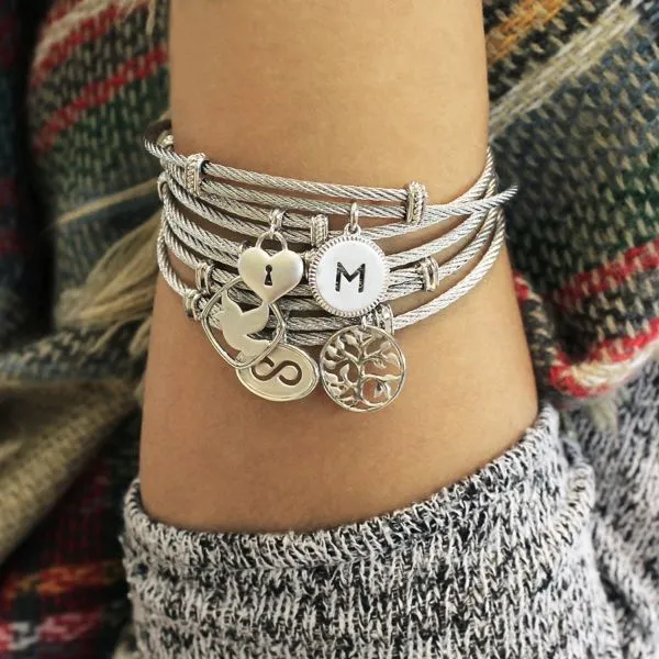 Adjustable Twisted Cable Stainless Steel Bangle with Sterling Silver Tree of Life Charm Image 3 Texas Gold Connection Greenville, TX