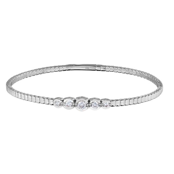 Platinum Finish Sterling Silver Flexible Bracelet with 5 Graduated Bezel Set Simulated Diamonds Texas Gold Connection Greenville, TX