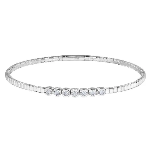 Platinum Finish Sterling Silver Flexible Bracelet with 7 Bezel Set Simulated Diamonds Texas Gold Connection Greenville, TX