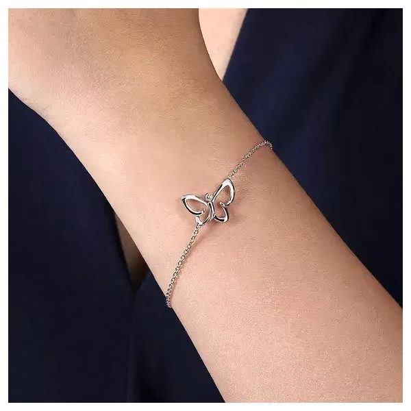 Sterling Silver Chain Bracelet with White Sapphire Butterfly Charm Image 3 Texas Gold Connection Greenville, TX
