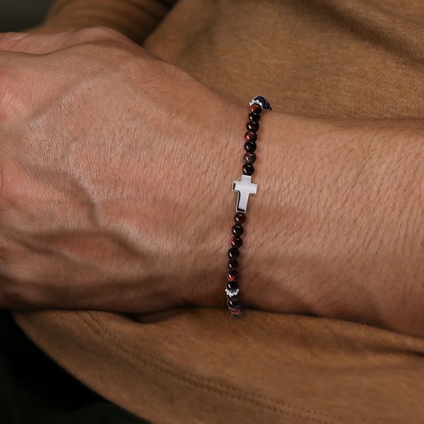 925 Sterling Silver Cross Bracelet with 4mm Tiger Eye Beads Image 2 Texas Gold Connection greenville, TX