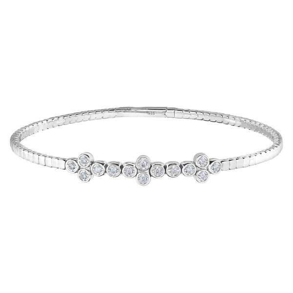 Platinum Finish Sterling Silver Flexible Bracelet with Clusters of Bezel Set Simulated Diamonds Texas Gold Connection greenville, TX