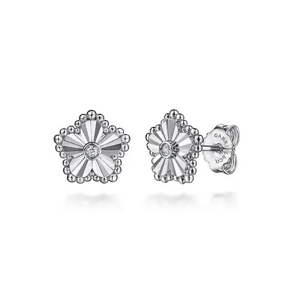 925 Sterling Silver Diamond Bujukan Frame Flower Diamond Cut Stud Earrings Texas Gold Connection greenville, TX