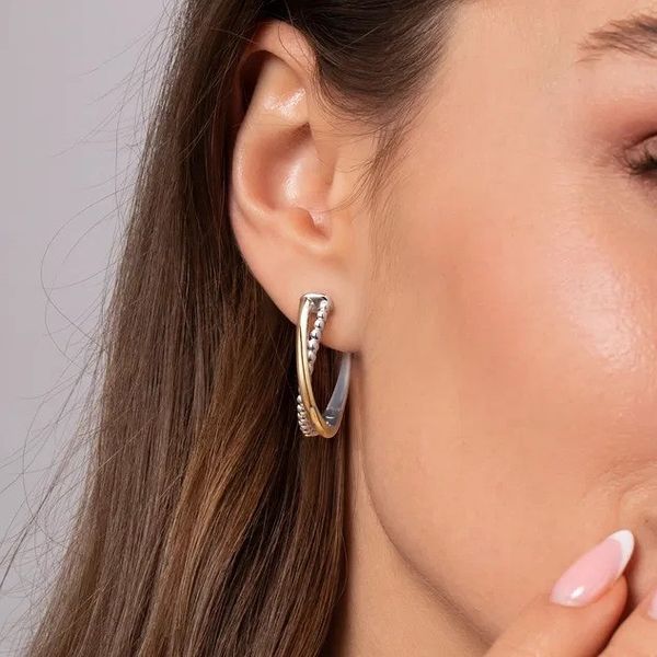 14K Yellow Gold and 925 Sterling Silver Bujukan Criss Cross Intricate Hoop Earrings Image 3 Texas Gold Connection greenville, TX