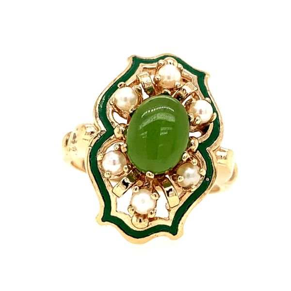 PRE-OWNED 10K Yellow Gold Vintage Jade and Pearl Ring Texas Gold Connection Greenville, TX