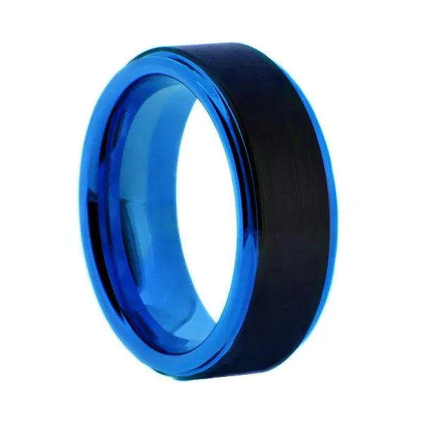 Two-tone blue and black tungsten band with brushed center and polished step down edges Texas Gold Connection Greenville, TX