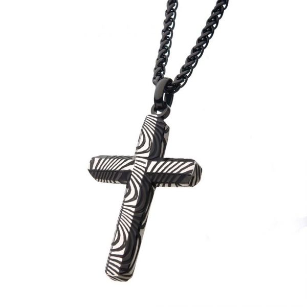 Stainless Steel and Black Plated Damascus Cross Pendant with Black Round Wheat Chain Image 2 Texas Gold Connection Greenville, TX
