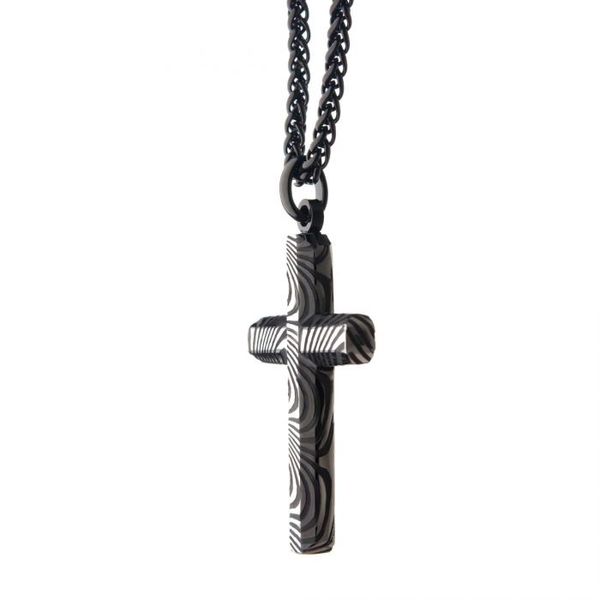 Stainless Steel and Black Plated Damascus Cross Pendant with Black Round Wheat Chain Image 3 Texas Gold Connection Greenville, TX