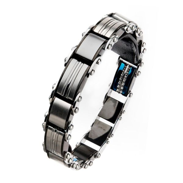 Men's Double Sided Stainless Steel Black IP and Blue IP Reversible with Fold Over Clasp Bracelet, 7.75