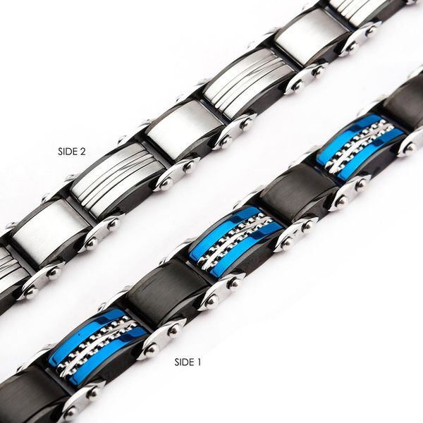 Men's Double Sided Stainless Steel Black IP and Blue IP Reversible with Fold Over Clasp Bracelet, 7.75