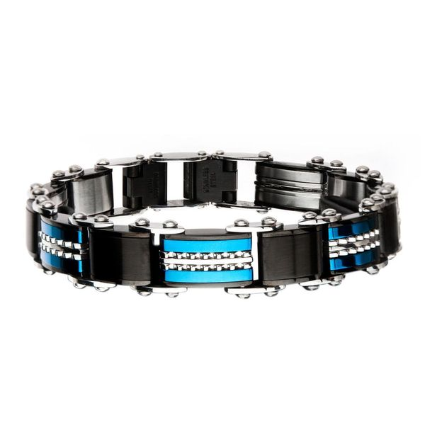 Men's Double Sided Stainless Steel Black IP and Blue IP Reversible with Fold Over Clasp Bracelet, 7.75