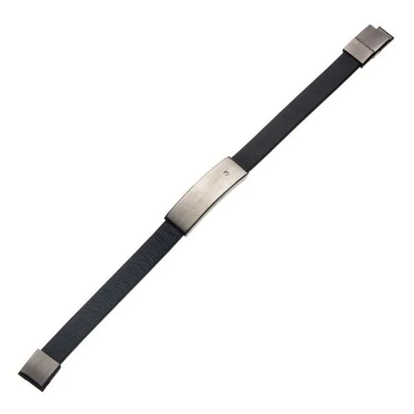 Black Leather with 2mm Clear CZ in Engrave Steel ID Bracelet Image 2 Texas Gold Connection Greenville, TX
