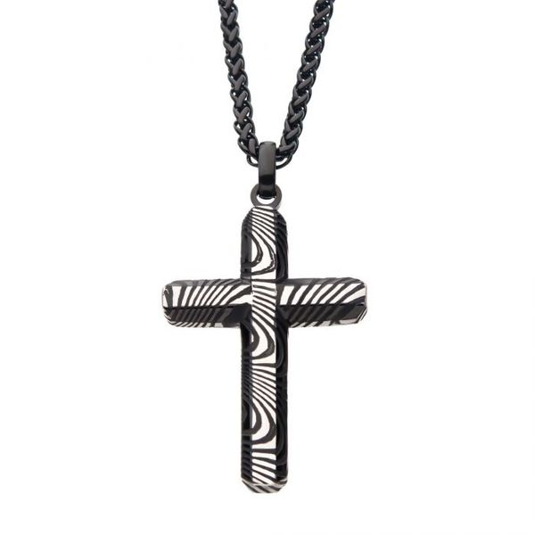 Stainless Steel and Black Plated Damascus Cross Pendant with Black Round Wheat Chain Texas Gold Connection Greenville, TX