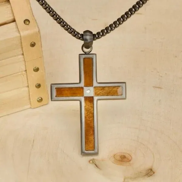 Gun Metal IP Steel Matte Finish Whiskey Barrel Wood Inlay with CZ Cross Pendant Image 4 Texas Gold Connection Greenville, TX