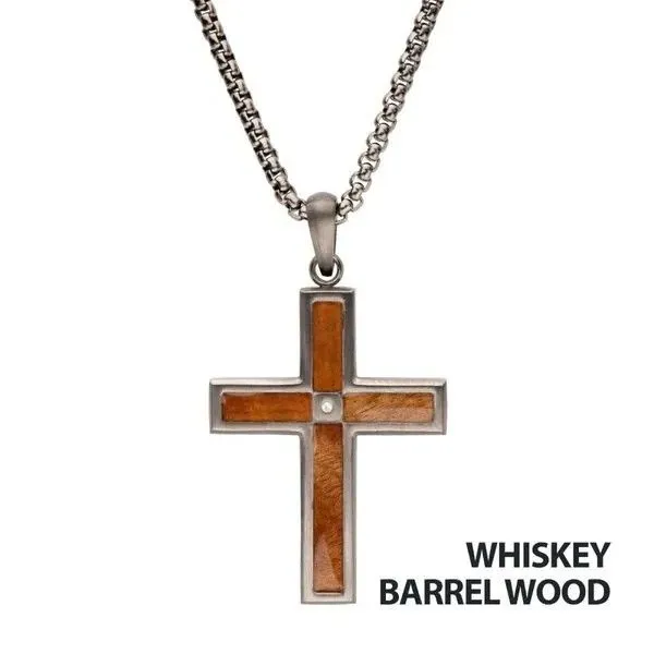 Gun Metal IP Steel Matte Finish Whiskey Barrel Wood Inlay with CZ Cross Pendant Texas Gold Connection Greenville, TX