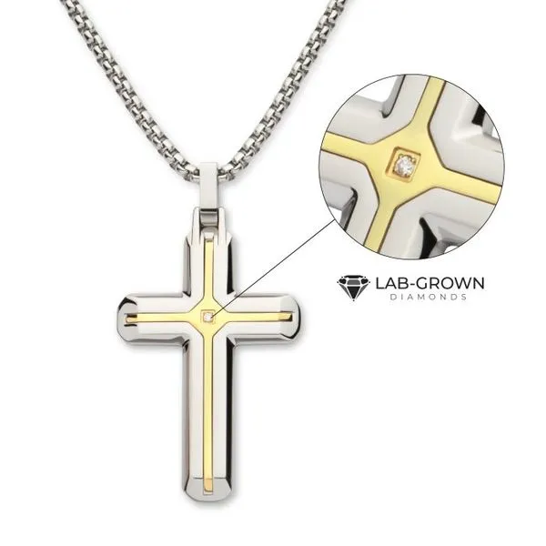 18Kt Gold IP Stainless Steel Two Tone Lab-Grown Diamond Cross Pendant with Box Chain Texas Gold Connection Greenville, TX