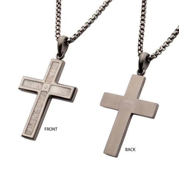 Gun Metal IP Steel Matte Finish Deer Antler Inlay with Lab-Grown Diamond Cross Pendant Texas Gold Connection Greenville, TX