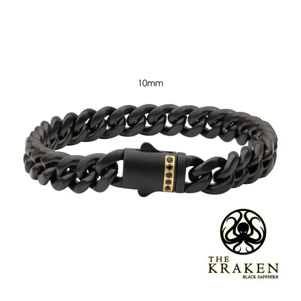 Men's 10mm Black IP Steel Matte Finish Miami Cuban Chain Bracelet with 1.6mm Genuine Black Sapphire Gem. Texas Gold Connection Greenville, TX