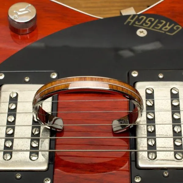 Men's Titanium & Whiskey Barrel Wood Inlay with Embedded Guitar String Cuff Bracelet. Image 2 Texas Gold Connection Greenville, TX