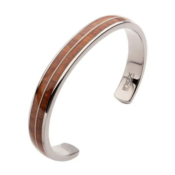 Men's Titanium & Whiskey Barrel Wood Inlay with Embedded Guitar String Cuff Bracelet. Texas Gold Connection Greenville, TX