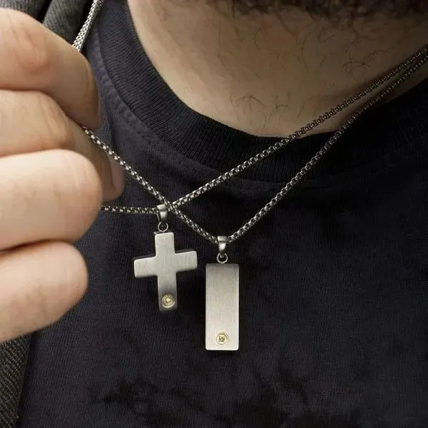 1.6mm Genuine Clear Lab-Grown Diamond on Matte Finish Steel Engravable Compact Cross Vulcan Pendant Image 2 Texas Gold Connection greenville, TX