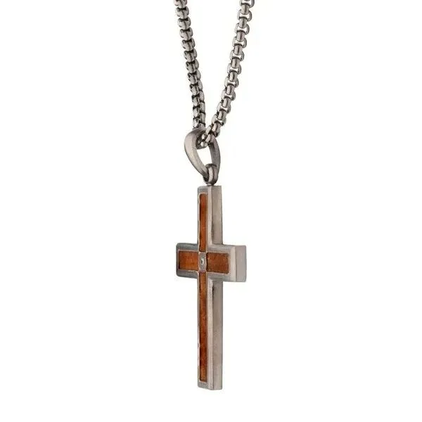 Gun Metal IP Steel Matte Finish Whiskey Barrel Wood Inlay with CZ Cross Pendant Image 3 Texas Gold Connection greenville, TX