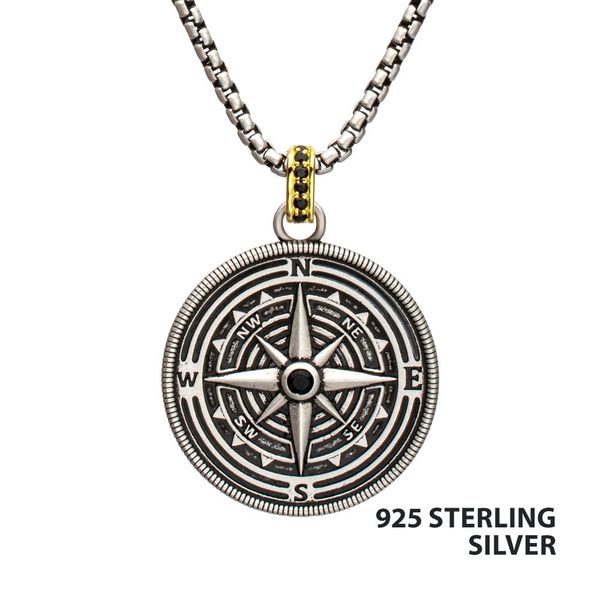 Men's 925 Sterling Silver Black Spinel Magellan Compass Pendant with Gold IP Bail Texas Gold Connection greenville, TX