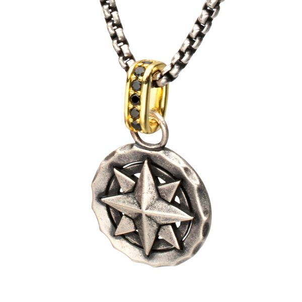 925 Sterling Silver Oxidized Compass Pendant with Black Spinel Gold IP Bail Image 2 Texas Gold Connection greenville, TX