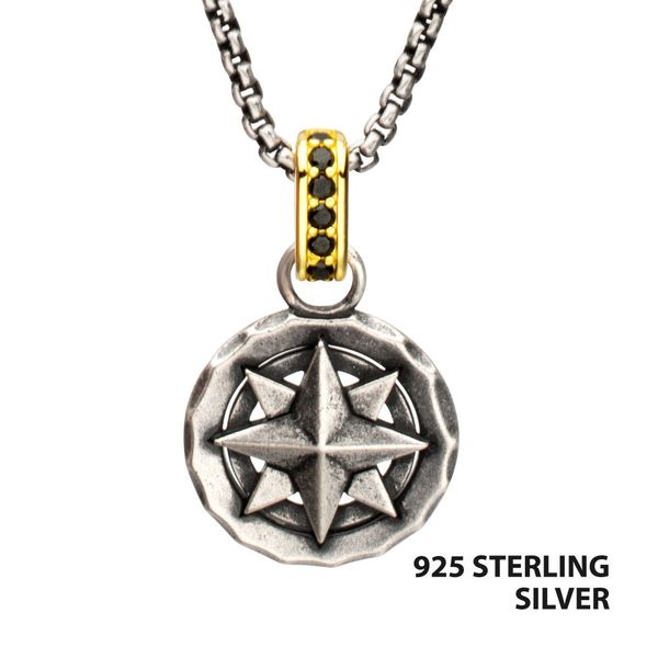 925 Sterling Silver Oxidized Compass Pendant with Black Spinel Gold IP Bail Texas Gold Connection greenville, TX