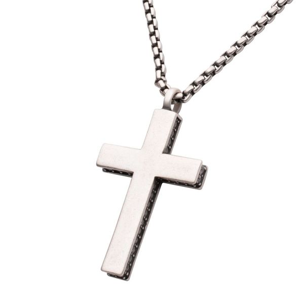 Men's 925 Sterling Silver Side Gem Cross Pendant with Antiqued Finish Box Chain. Image 2 Texas Gold Connection greenville, TX