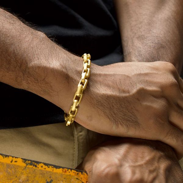 7.5mm Matte Finish 18Kt Gold IP Stainless Steel Faceted Interlock Link Chain Bracelet Image 3 Texas Gold Connection greenville, TX