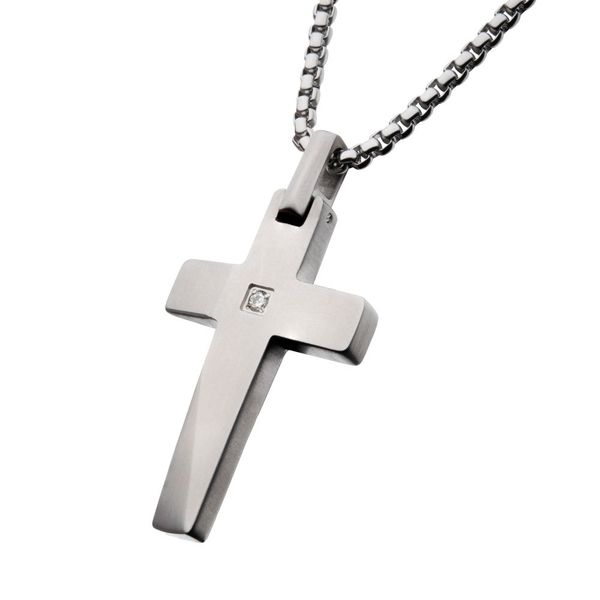 Stainless Steel Lab-Grown Diamond Matte Finish Beveled Cross Pendant Image 2 Texas Gold Connection greenville, TX