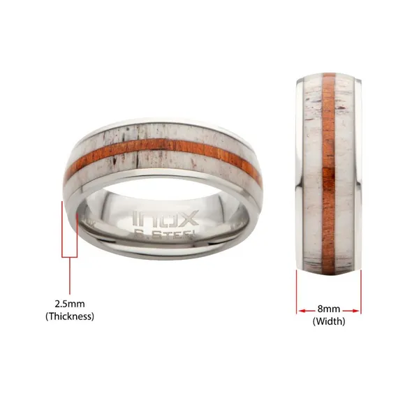 Men's Stainless Steel Deer Antler Sapele Wood Inlay Stag Comfort Fit Ring Size 11 Image 2 The Blue Diamond Jefferson City, MO