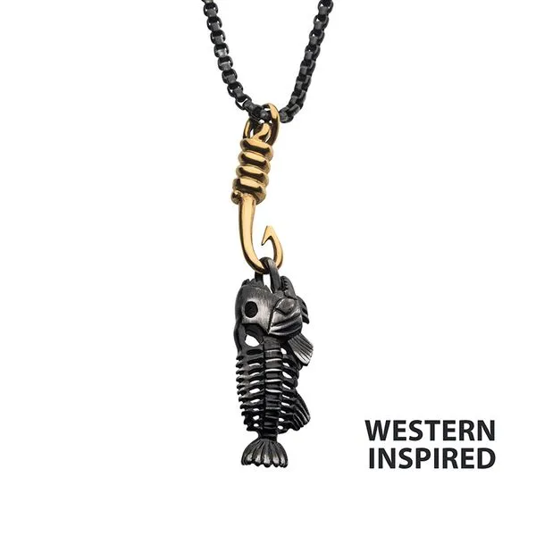 Black IP Fishbone Pendant on a Polished Gold IP Hook with Black IP Box Chain The Blue Diamond Jefferson City, MO