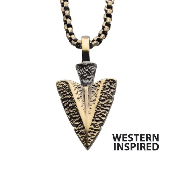 Men's Antiqued Gold IP Arrowhead Pendant with Bold Box Chain 22