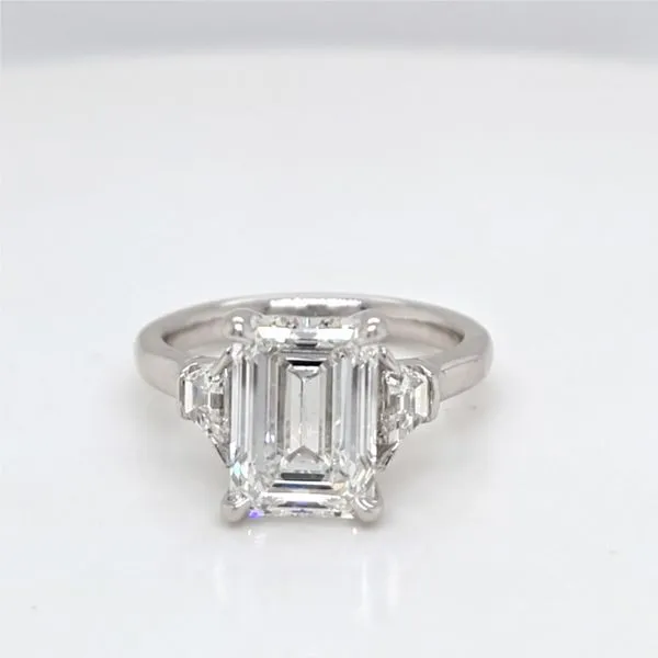 14kt WG Emerald and Trapezoid Three Stone Diamond Engagement Ring Carroll's Jewelers Doylestown, PA