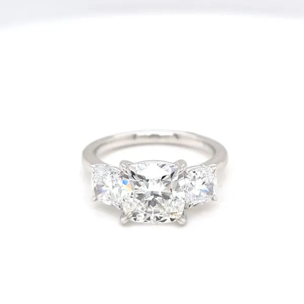 14kt WG LG 4.50 Cushion Diamond 3 stone ring Carroll's Jewelers Doylestown, PA