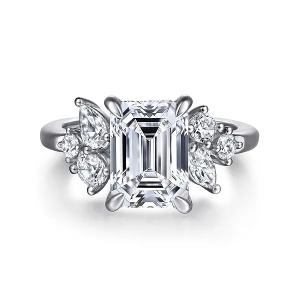 Emerald cut side cluster engagement ring mounting